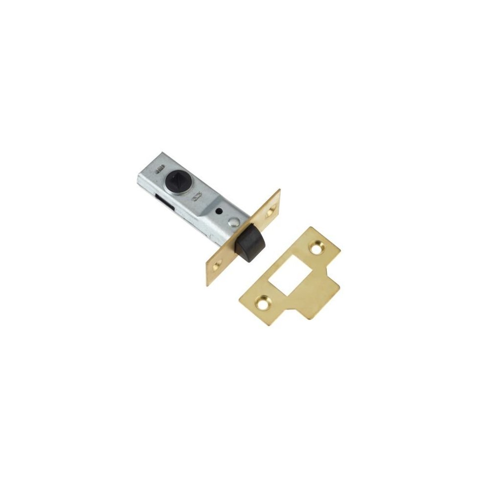 High-quality Yale Essentials tubular latch in brass, measuring 64mm/2.5 inches, featuring a metal body and a black knob, designed for internal doors with handles.