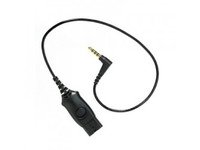 Black cable with a 3.5mm audio jack and a right-angle connector, featuring an inline microphone and a control button, designed for iPhone and BlackBerry devices.