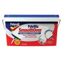 Polycell Smoothover 5L tub with red label, blue lid, and images of roller and smooth wall surface.