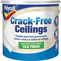 Polycell Crack-Free Ceilings paint in a white tub with blue text and silk finish label.