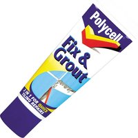 Polycell Fix N Grout Tube, blue and white with yellow and red logo, for quick tiling repairs.