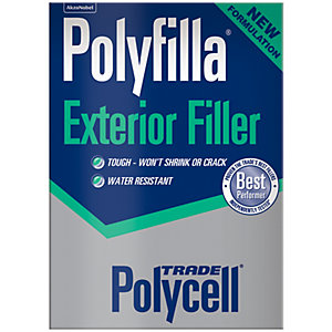 Polycell Trade Exterior Filler 2KG packaging features a blue and silver design with bold text, highlighting its toughness, water resistance, and new formulation.