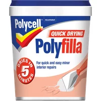Polycell Quick Drying Polyfilla 1kg tub, blue lid, red and yellow logo, text highlights 5-minute drying time.