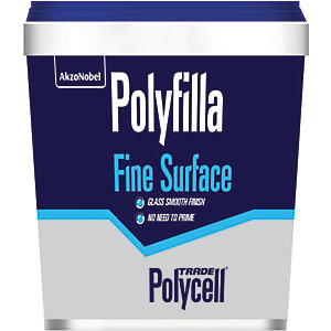 Polycell Polyfilla Fine Surface Filler 1.75kg in a blue and white container, featuring a smooth finish label and a silver band, designed for easy application without the need to prime.
