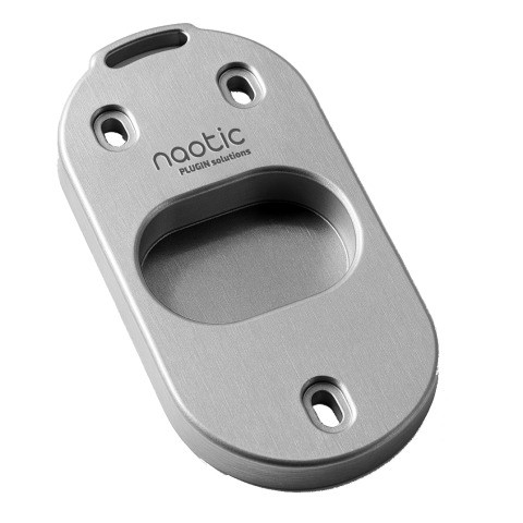 Aluminum unlocking base in silver with a smooth finish, featuring a central cutout and two mounting holes, branded with "nautic PLUGIN solutions."