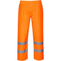 Orange Portwest Hi-Vis Rain Trousers, 3XL, with reflective silver bands on legs and elastic waistband.