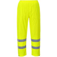 Yellow Portwest hi-vis rain trousers with reflective stripes and elastic waistband.