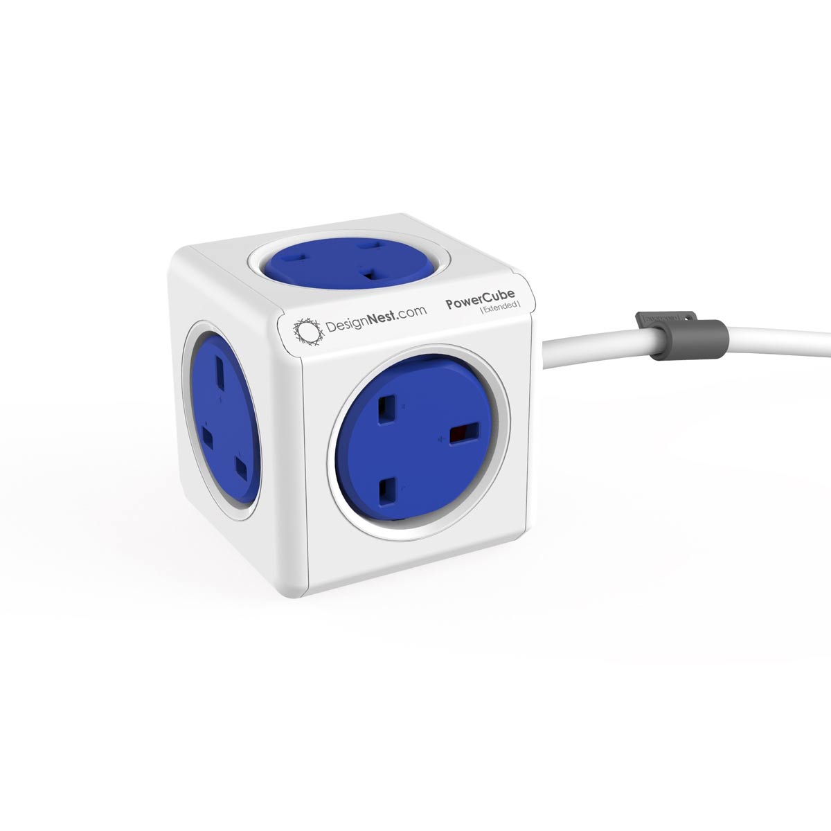 White cube-shaped power extension with five blue sockets, featuring a white cable and a sleek, modern design for convenient multi-device charging.