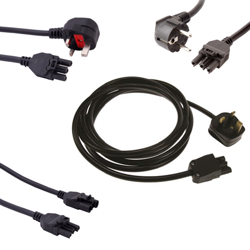 Black 3-meter power lead featuring a 13A plug on one end and a female 3-pole connector on the other, designed for secure electrical connections.