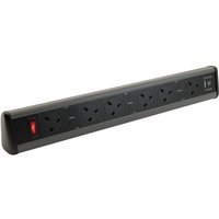 Black POWERDATA power strip with 6 outlets, USB A and C ports, and red power switch.