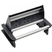 Black and silver in-desk power module with two 5A sockets, dual USB A QC, and USB C PD ports.