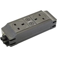 Black POWERDATA under desk power unit with two UK sockets and two USB ports.