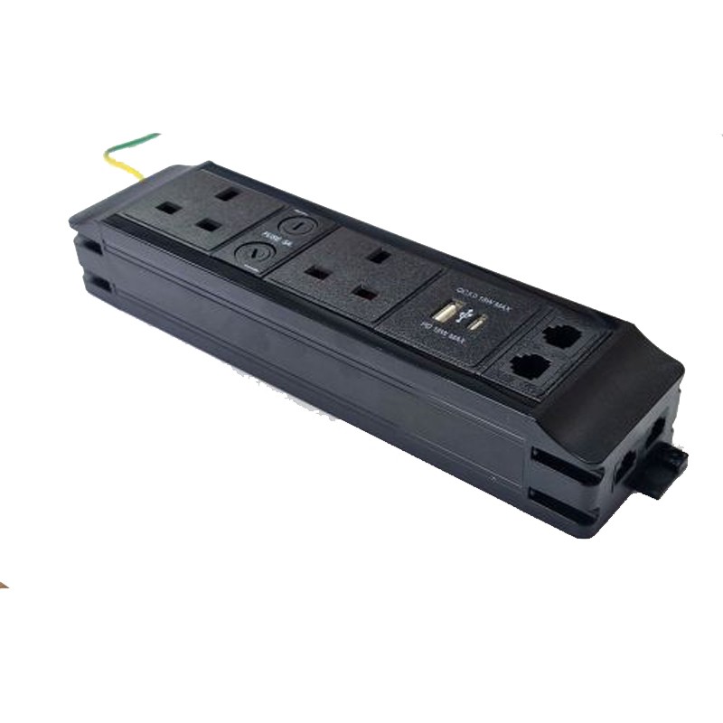 Black under-desk power strip featuring two UK 5A sockets, two Cat.6 ports, and a USB-A/C PD18W charging port, with a sleek, rectangular design and a sturdy plastic casing.