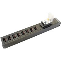 Black POWERDATA under desk 8-way power strip with 3-pole sockets, 16A RCBO, and USB A port.