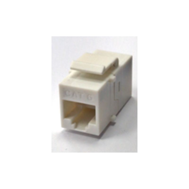 White plastic Cat 6 data module with a clip on top and two ports at the front, designed for network connectivity.
