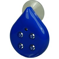 Blue teardrop-shaped PowerPlus One Touch Shower Timer with four numbered buttons and a suction cup.