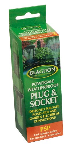 Blagdon PowerSafe outdoor plug and socket cable connector in black, featuring weatherproof design, suitable for pond-side and garden electrical connections, packaged in a green box.