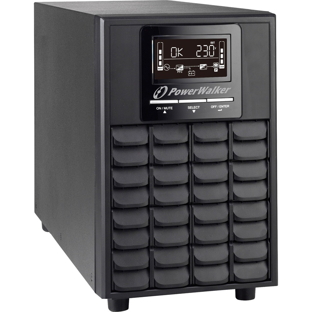 Black PowerWalker VFI 1000 CG PF1 UPS with a digital display panel, featuring a grid of ventilation slots and buttons for operation, designed for double-conversion online power supply.