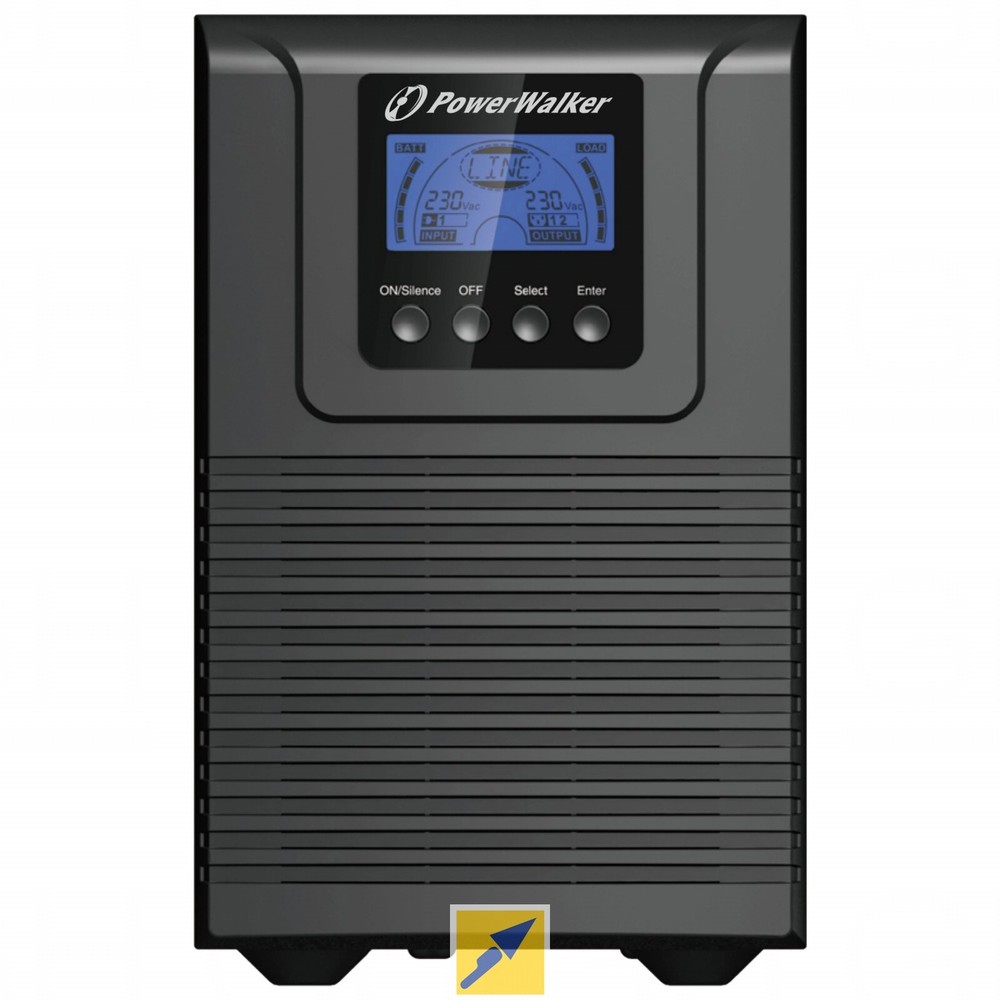 PowerWalker VFI 1000 TG is a black, rectangular double-conversion UPS with a digital display and four AC outlets, featuring buttons for power and settings on the front panel.
