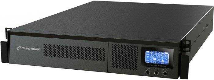 Black metal rack-mounted UPS with a digital LCD display, featuring ventilation grilles, control buttons, and a compact design for efficient power management.