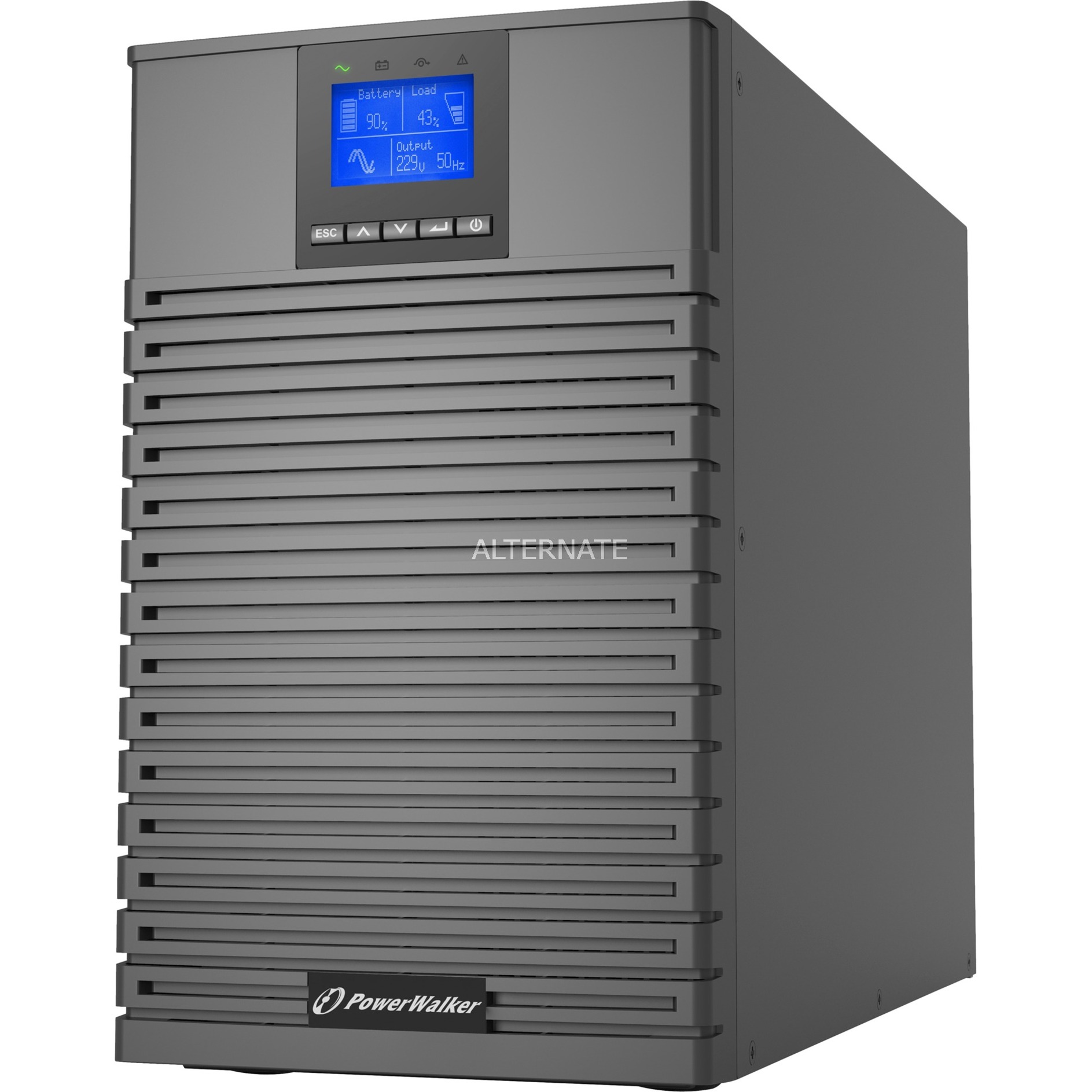 PowerWalker VFI 2000 ICT IoT UPS in a sleek grey metal casing, featuring a digital display panel with battery status and load indicators, designed for double-conversion operation.