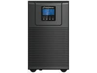 Black tower UPS with a textured front panel, featuring a blue LCD display and control buttons, designed for double-conversion power supply, rated at 2000 VA and 1800 W.