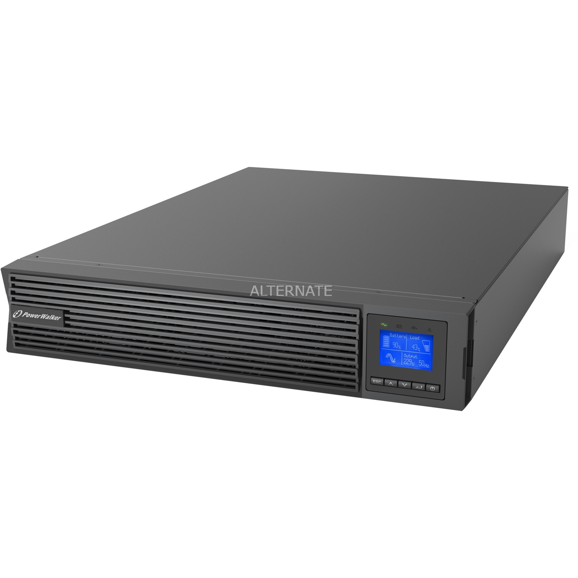 Black, sleek PowerWalker VFI 3000 ICR IoT double-conversion UPS with a front display panel featuring blue LED indicators and control buttons, designed for 3000 W output.