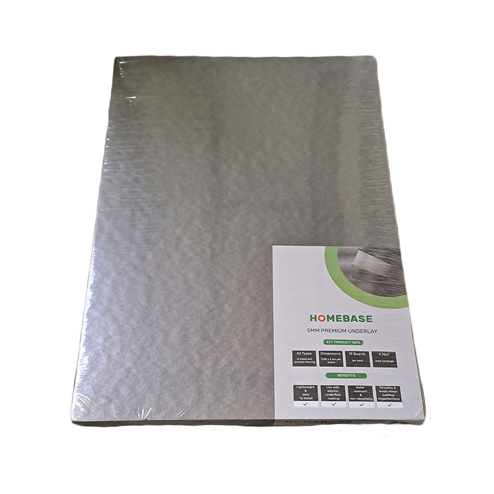 Premium 5mm wood floor underlay in a silver-grey color, featuring a textured surface and a branded packaging label with product details and benefits.