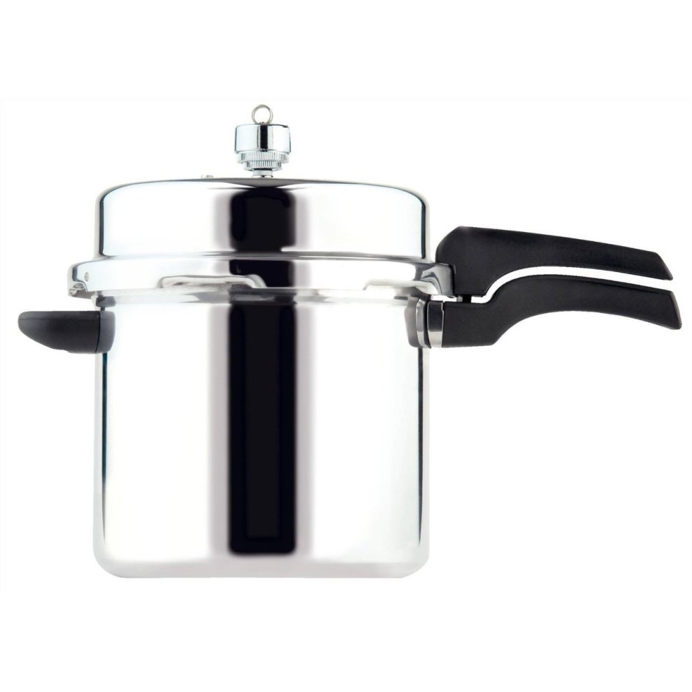 Silver aluminium pressure cooker with a high dome design, 6-litre capacity, featuring a black plastic handle and a safety valve on the lid.