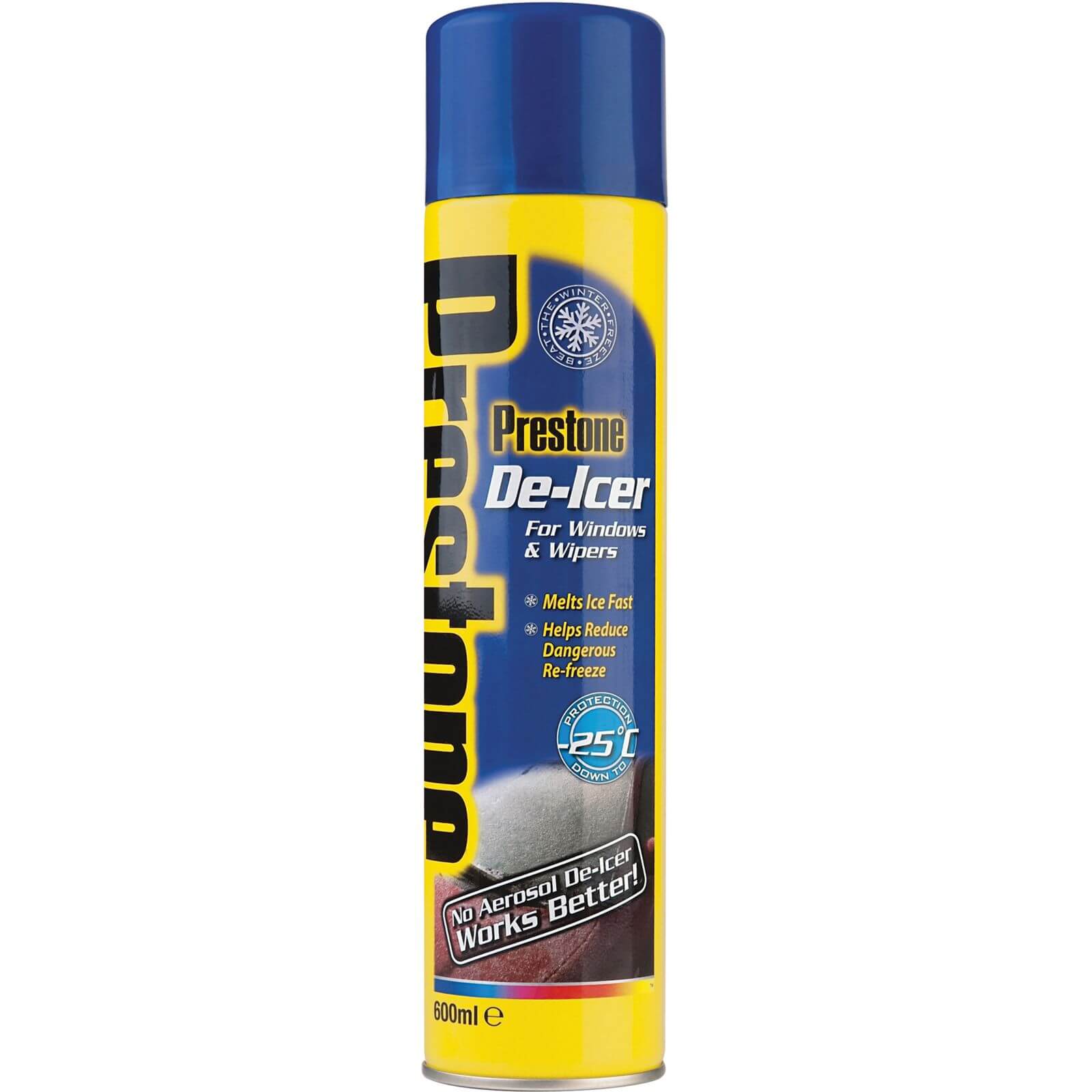 Yellow and blue aerosol can of Prestone Car Rapid De-Icer Spray, 600ml, featuring bold text, a snowflake icon, and a warning about re-freezing, designed for melting windscreen ice and frost.