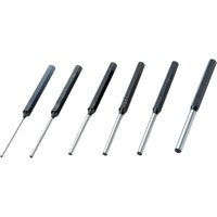 Priory 6 Piece Long Parallel Pin Punch Set with black hexagonal handles and silver shafts in varying sizes.