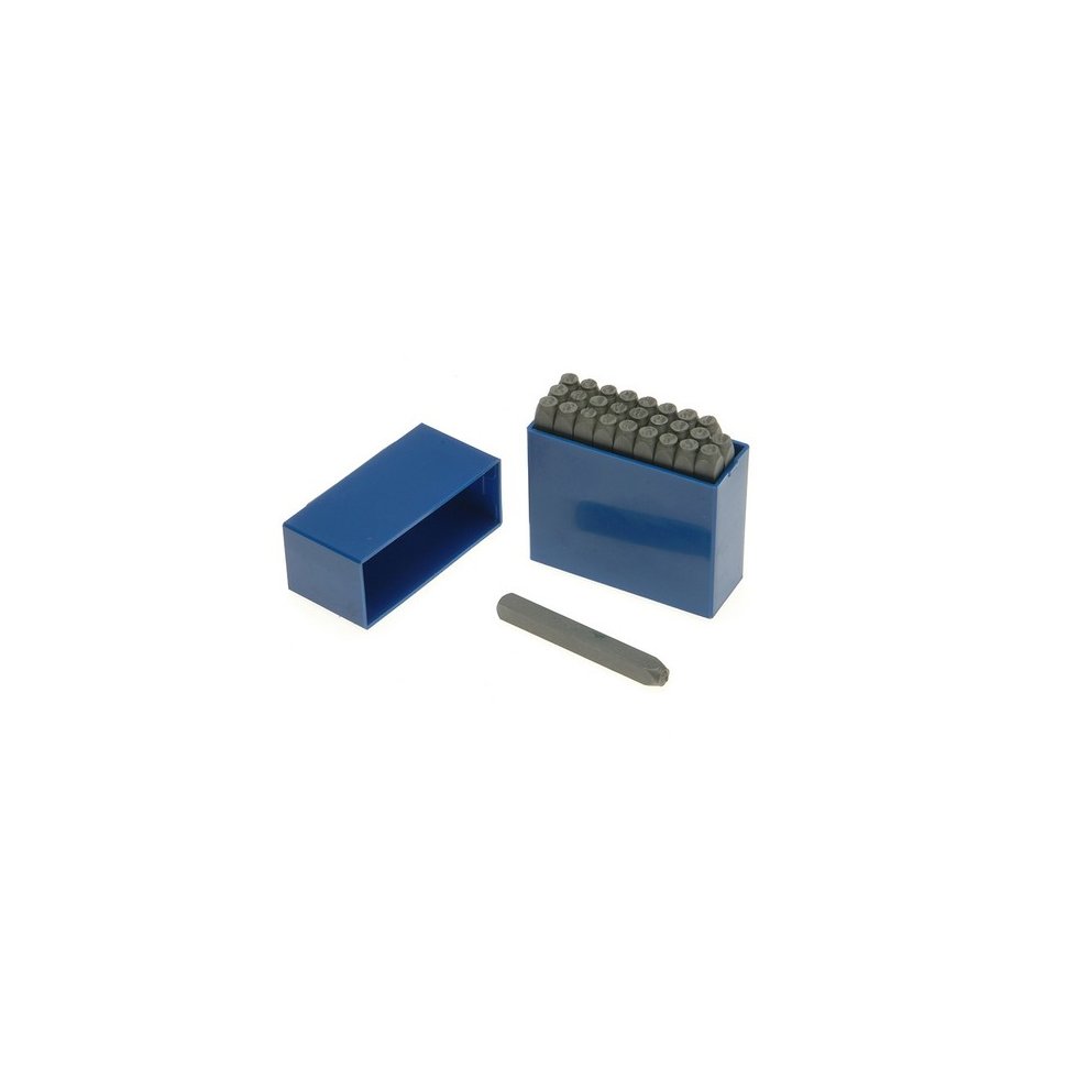 Set of 12 metal letter punches in a blue plastic case, featuring 12.0mm characters and a separate alignment tool for precise stamping.