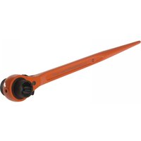 Orange reversible ratchet spanner podger with 19 x 21mm sockets and pointed end, high-visibility design.