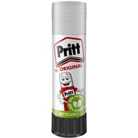 White Pritt stick glue 43g with red and black logo, smiling character, and green recyclable label on cap.