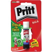Red and white Pritt Stick Glue in a black base, 11g, with tree design packaging and "Stick Up For Trees" text.