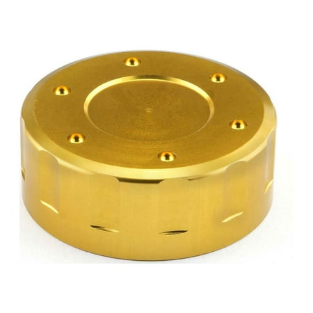 Gold aluminum reservoir cap, 42mm in diameter, featuring a smooth surface with six evenly spaced holes around the edge for secure fitting.