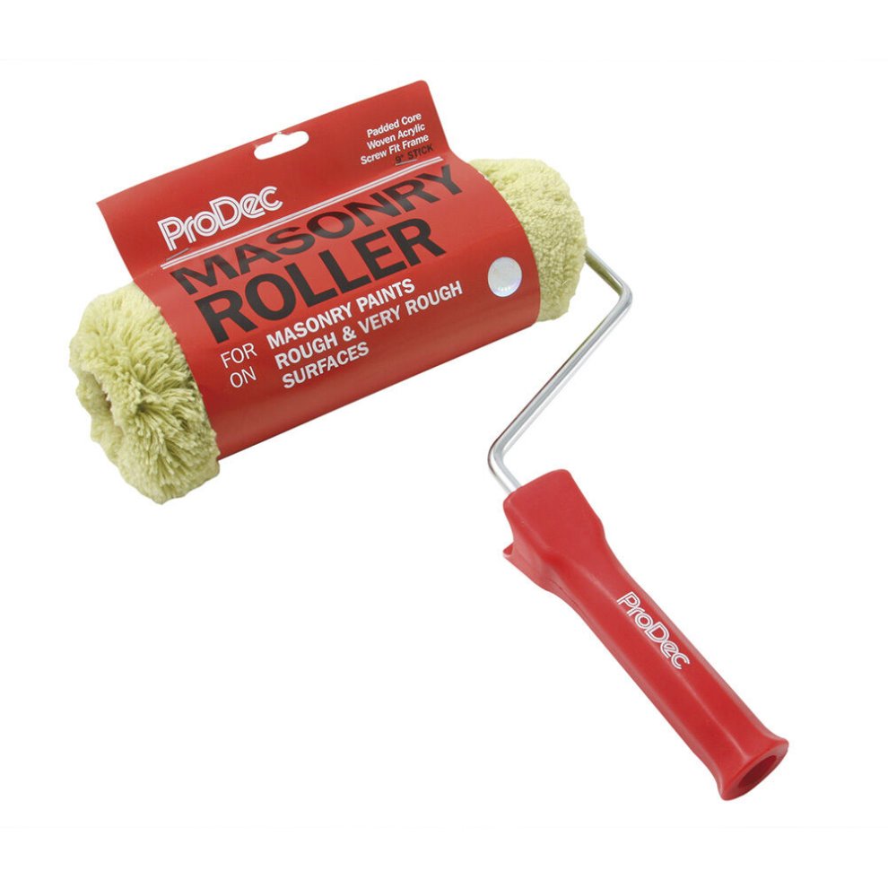 ProDec Masonry Roller and Frame Kit features a yellow, textured roller with a red plastic handle, designed for applying masonry paints on rough surfaces.