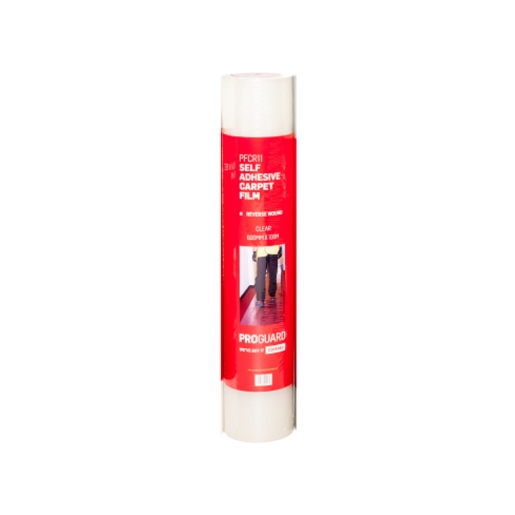 Clear self-adhesive carpet film roll, measuring 100m x 600mm, with a prominent red label featuring the Proguard logo and usage instructions.