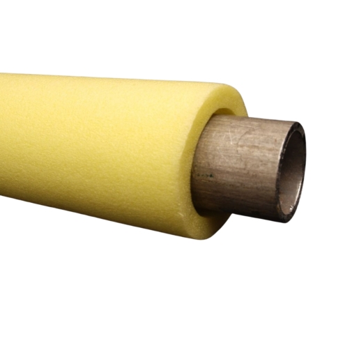Yellow foam scaffold protector tube with a 50mm diameter and 2m length, designed to fit over metal scaffolding pipes for enhanced visibility and safety.