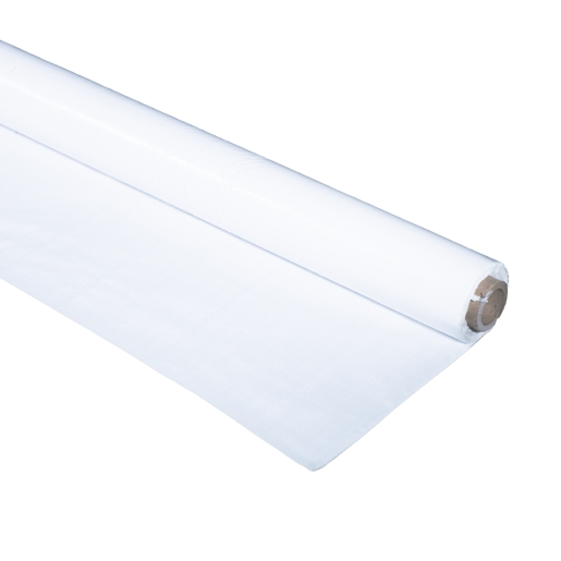 White polypropylene floor protection roll measuring 2m x 50m, featuring a smooth surface and durable material, ideal for safeguarding floors during renovations.