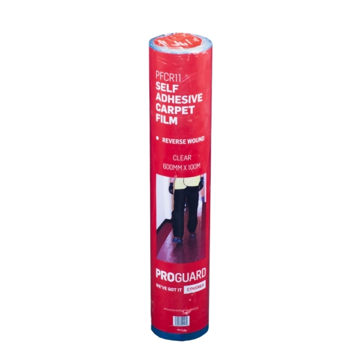 Clear self-adhesive carpet film roll, 100m long and 600mm wide, with red packaging featuring product details and an image of a person using it on a carpeted floor.