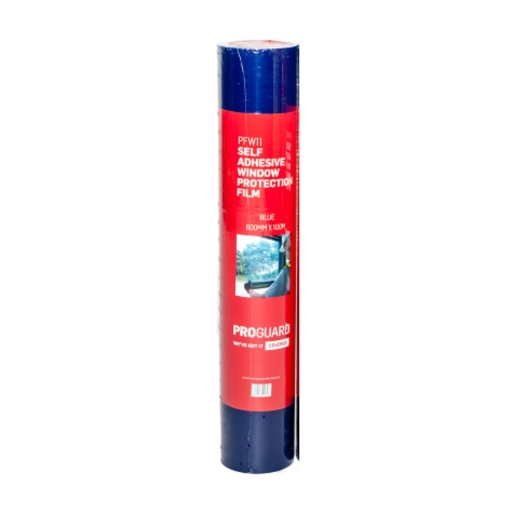 Blue self-adhesive window protection film roll, measuring 100m x 500mm, with Proguard branding and a clear description label on the packaging.
