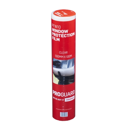 Clear window protection film roll by Proguard, measuring 100m x 500mm, with a red and white label featuring product details and branding.