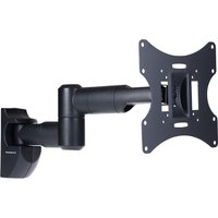 Black ProperAV TV bracket with swing arm, tilt, and swivel features for 23-43 inch screens, sleek and adjustable design.