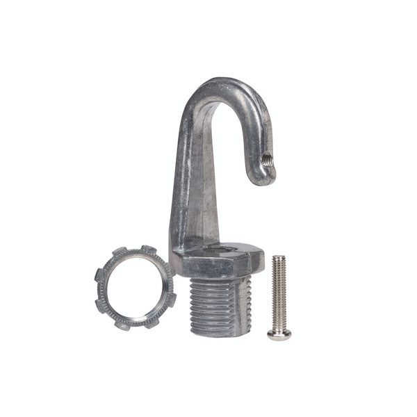 Cast aluminium ceiling hook in silver, featuring a curved hook design, threaded base, and included securing nut and screw for industrial lighting applications.