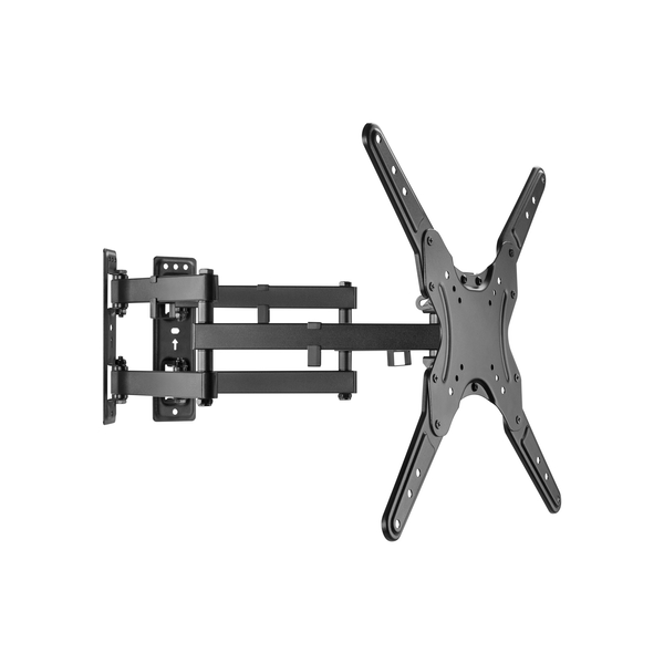Heavy-duty black metal swing arm corner TV wall bracket for 23"-55" screens, featuring adjustable arms and multiple mounting holes for secure installation.
