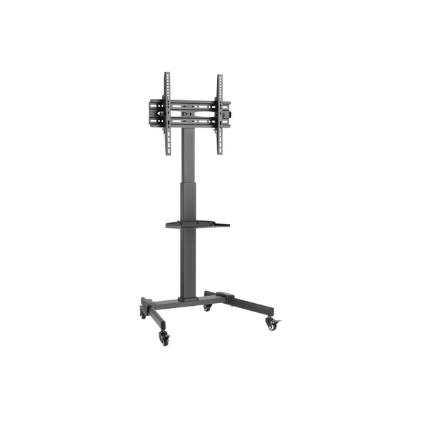 Portable black TV trolley stand for 32"-55" screens, featuring a sturdy metal frame, adjustable height, and a lower shelf for accessories, mounted on rolling casters for easy mobility.