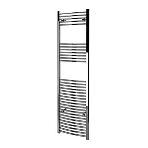 Curved chrome towel rail measuring 1800mm high and 500mm wide, featuring multiple horizontal bars for hanging towels, with a sleek and modern design.