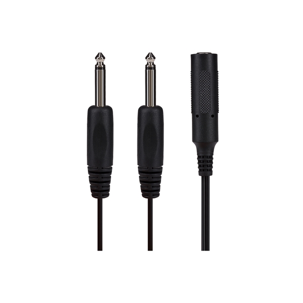 Black ProSound Twin 1/4" 6.3mm 2 pole jack plugs connected to a single 1/4" plug, featuring a textured grip for easy handling and durable construction.