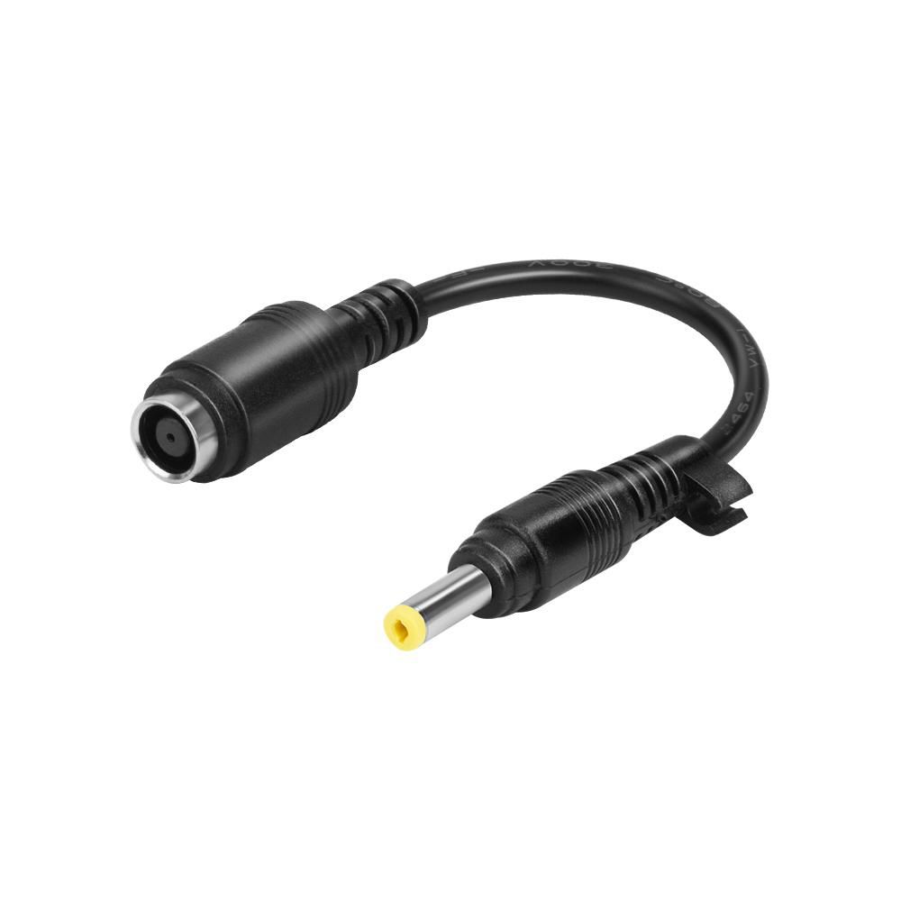 Black DC dongle with a 7.4mm female connector on one end and a 4.8mm male connector on the other, featuring a flexible cable for easy connectivity.